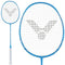 The Victor Auraspeed 2000M Badminton Racket - Blue, crafted by Victor, features a sleek blue design with a white handle and a stylish black patterned string on the head. Ideal for intermediate club players, it is displayed with a close-up of the head on the right side.