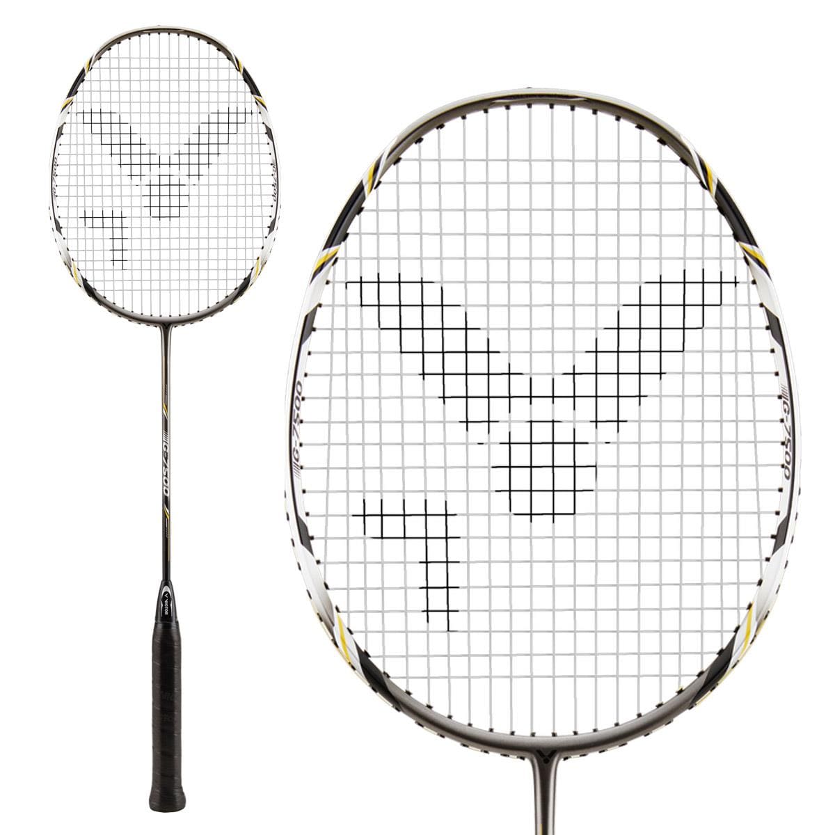 The Victor G-7500 Badminton Racket, crafted by Victor, features a curved shaft and a black grip. Its head is strung with Ashaway Rally 21 Fire strings in an impressive "V" pattern. This full carbon racket for beginners displays elegant details in black, white, and gold from various angles.