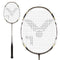 The Victor G-7500 Badminton Racket, crafted by Victor, features a curved shaft and a black grip. Its head is strung with Ashaway Rally 21 Fire strings in an impressive "V" pattern. This full carbon racket for beginners displays elegant details in black, white, and gold from various angles.