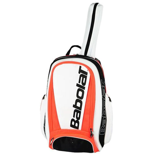 The Babolat Pure Strike Backpack in White/Fluo Strike, by Babolat, showcases black zippers and lettering. This versatile bag offers multiple ventilated compartments along with a dedicated section for carrying a tennis racquet.