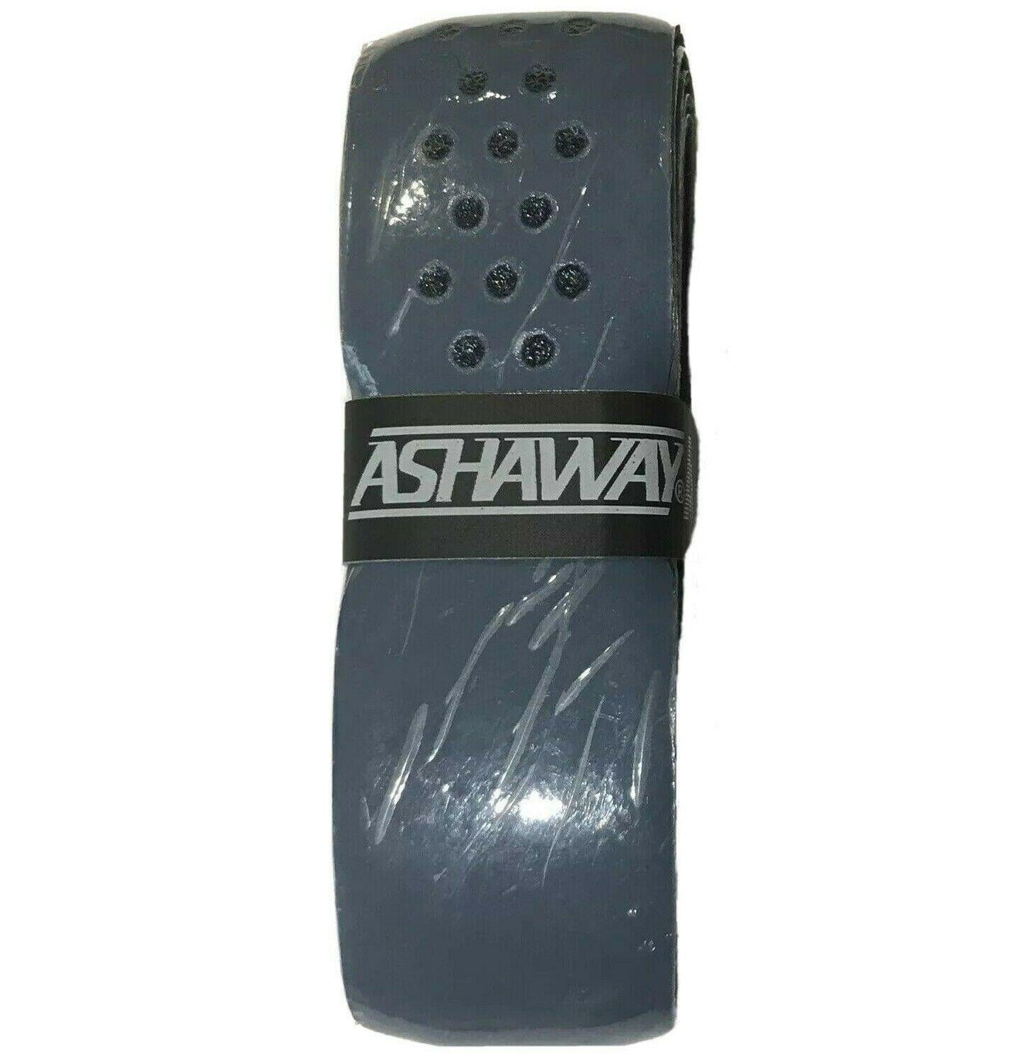 A rolled-up Blue Grey Ashaway Soft Grip badminton grip featuring perforations for breathability and secured with a branded band in the center.