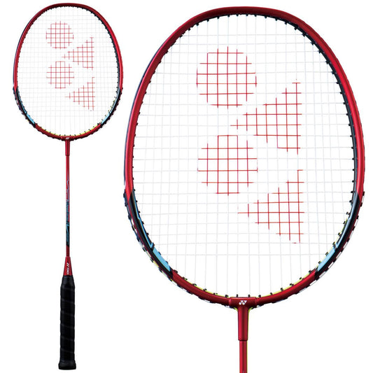 The Yonex Muscle Power 1 Badminton Racket in red, designed for beginners, features a black grip and a striking red frame. Its white string bed is adorned with a red geometric logo pattern, ensuring exceptional court performance for new players.