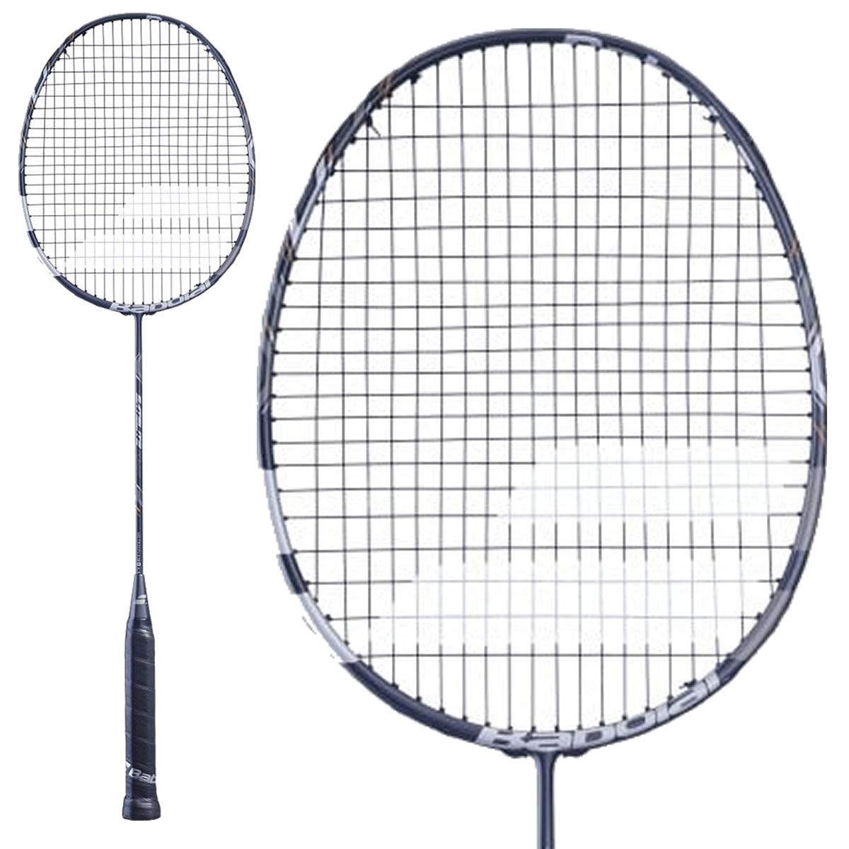 A close-up image of the Babolat Satelite Power Badminton Racket in grey highlights its black handle and lightweight frame, equipped with METRICFLEX technology. The strings are densely woven, creating a grid pattern on the oval-shaped head, perfect for offensive players. The background is a solid white.