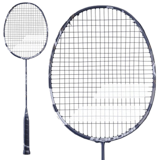 A close-up image of the Babolat Satelite Power Badminton Racket in grey highlights its black handle and lightweight frame, equipped with METRICFLEX technology. The strings are densely woven, creating a grid pattern on the oval-shaped head, perfect for offensive players. The background is a solid white.