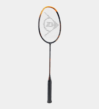 The Dunlop Revo Star Titan 81 Badminton Racket, constructed from High Modulus Graphite for increased durability, boasts an eye-catching black and orange frame complemented by a dark handle. The strings are adorned with the prominent Dunlop logo, all presented on a plain white background.