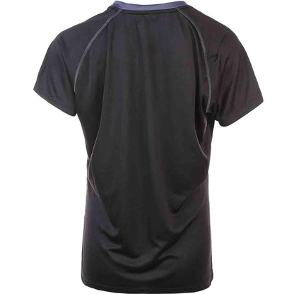 The image showcases the back view of a plain steel grey short-sleeve shirt, ideal for badminton enthusiasts. Designed by FZ Forza, it features a smooth texture with a round neckline and visible stitching along the seams, enhanced by Dryforze technology for optimal comfort. The product is called "FZ Forza Money Womens Badminton T-Shirt.