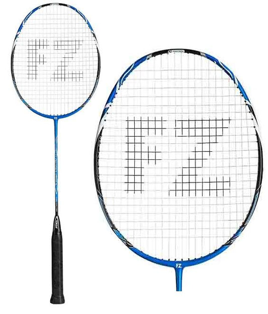 The FZ Forza Precision 12000 S Badminton Racket, available in blue, highlights a striking "FZ" on the strings. Crafted by FZ Forza for enhanced durability, it features a titanium heart, complemented by a black handle and a rounded frame.