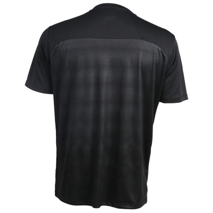 Product Data: The FZ Forza Helsinki Badminton T-Shirt features a black short-sleeve design with a subtle diagonal striped pattern on the back, making it ideal for badminton. Its DryForze fabric provides a smooth, slightly reflective surface, indicating a lightweight and breathable material that is resistant to pilling. The shirt is shown in the photo from the back.