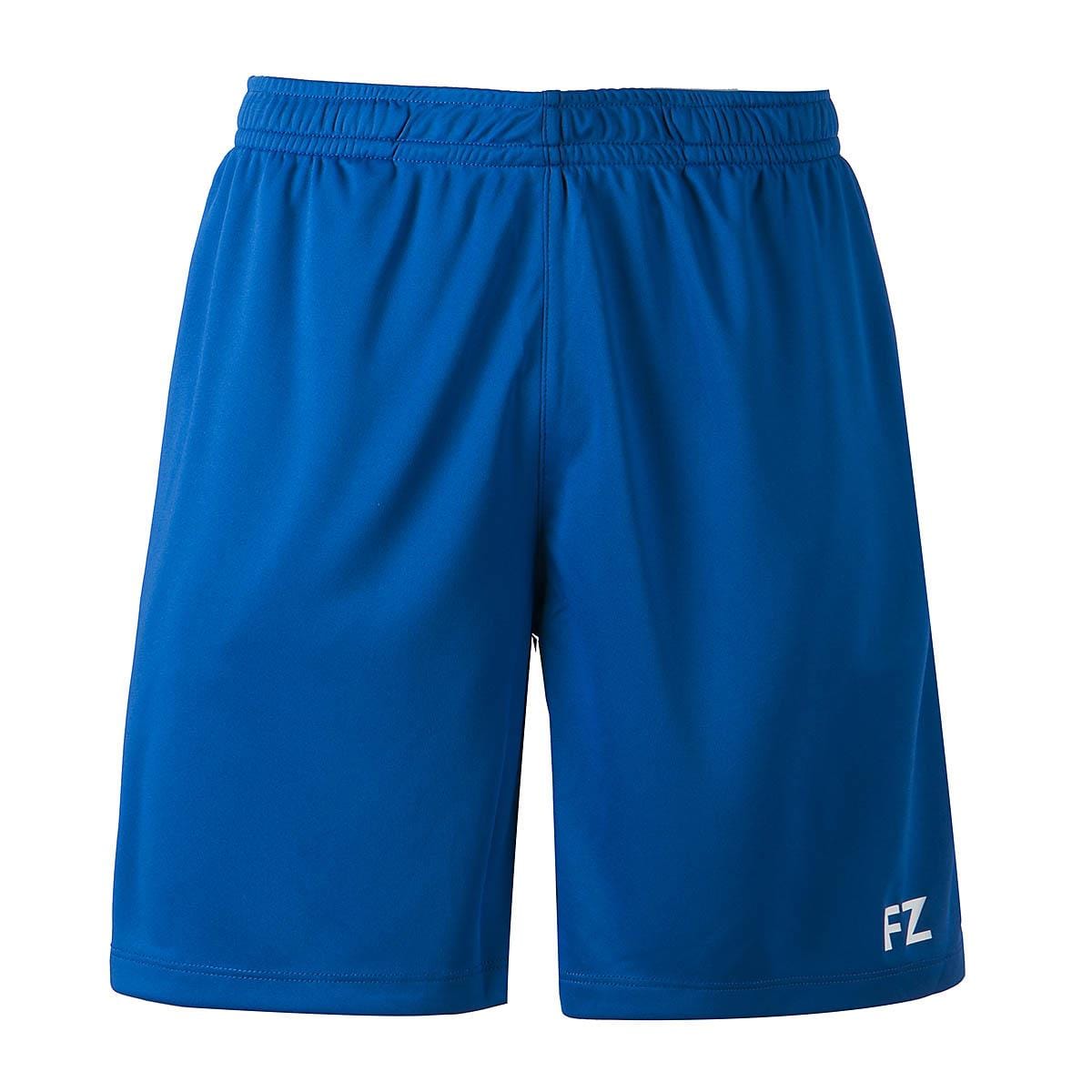 The FZ Forza Landos Men's Badminton Shorts in blue, designed by FZ Forza, are perfect for badminton. They include an elastic waistband and display the "FZ" logo printed in white on the lower right leg. With Dryforze technology, they provide smooth and lightweight comfort.