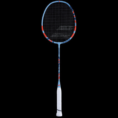 The Babolat Explorer I Badminton Racket - Blue, from the brand Babolat, features a striking blue frame with red accents, making it ideal for beginner level players. Its white grip handle contrasts elegantly with a solid black background, combining style with functionality.