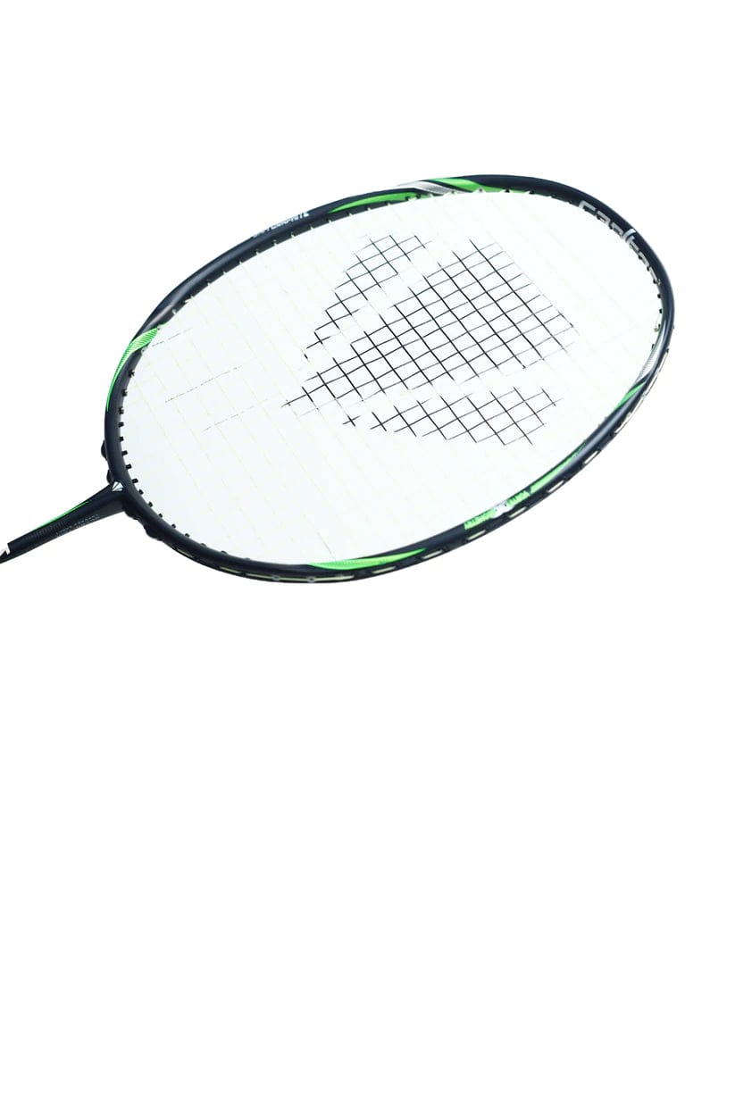 Close-up of the Carlton Kinesis Ultra S-Tour Badminton Racket in a sleek black and green design, featuring the Xtreme Tension Frame. The tightly woven strings stand out against a white background, highlighting the Vortex Geometry for improved performance.