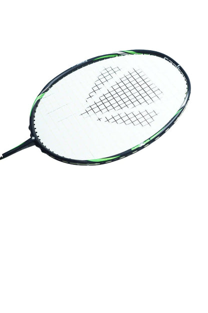 Close-up of the Carlton Kinesis Ultra S-Tour Badminton Racket in a sleek black and green design, featuring the Xtreme Tension Frame. The tightly woven strings stand out against a white background, highlighting the Vortex Geometry for improved performance.