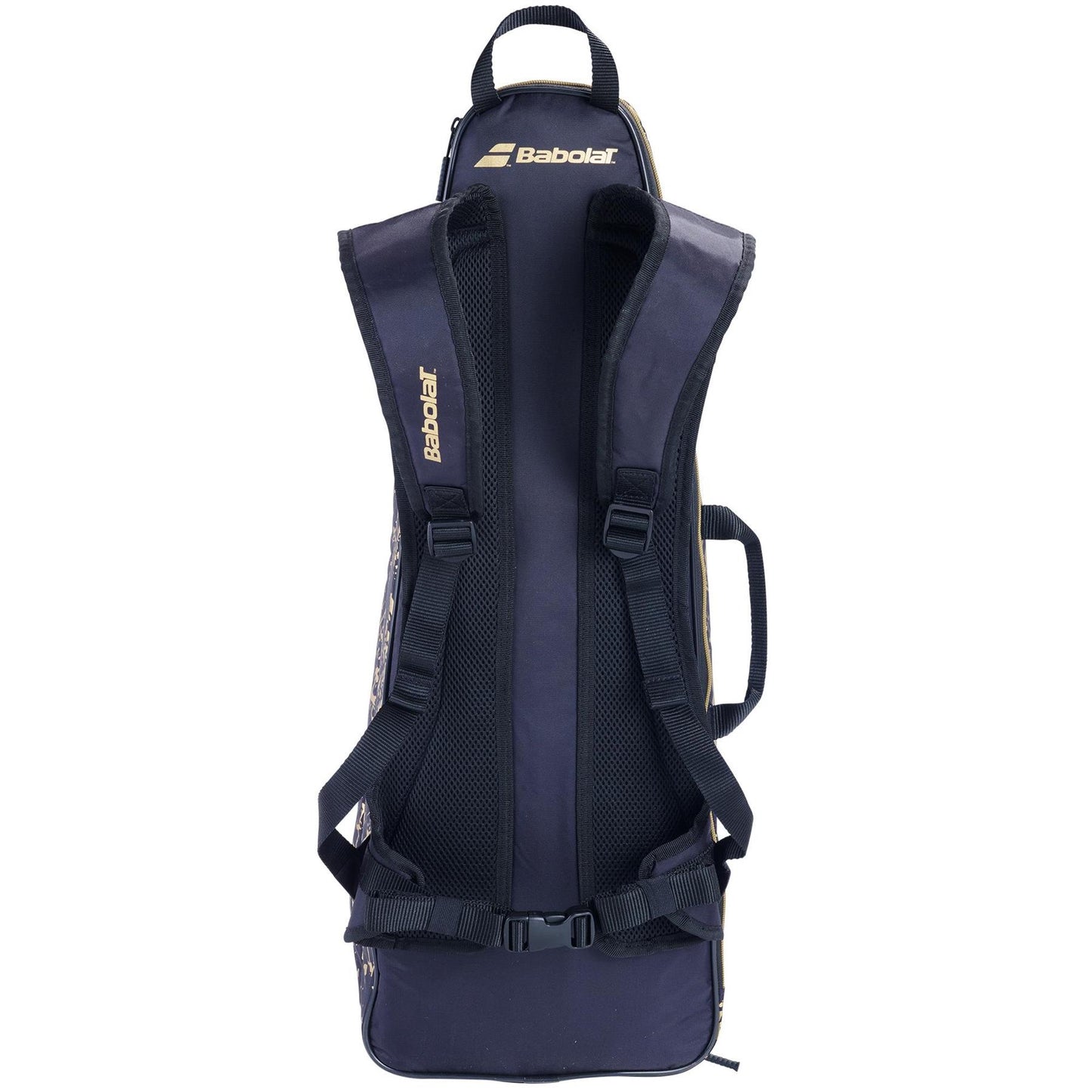 The Babolat Backraq X-Feel LTD Edition Badminton Bag in Goldmine, crafted from recycled PET, features adjustable straps, a carry handle, and a front zipper pocket. The brand logo is prominently displayed on the straps and near the top.