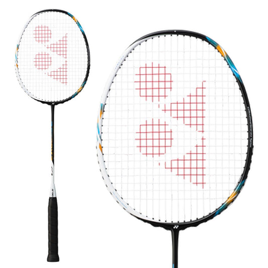 The Yonex Astrox 2 Badminton Racket - Blue by Yonex boasts a sleek black handle complemented by a white frame, adorned with red geometric patterns on the strings for enhanced smash power. The shaft features understated blue and yellow accents, merging contemporary design with precise engineering.