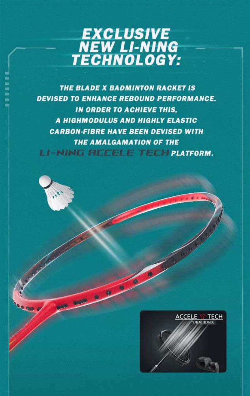 Promotional poster for the Li-Ning BladeX 800 4U badminton racket crafted for advanced players, showcasing cutting-edge technology. Includes an illustration of a shuttlecock and the racket, with text emphasizing improved rebound and speed performance due to advanced carbon-fiber technology.