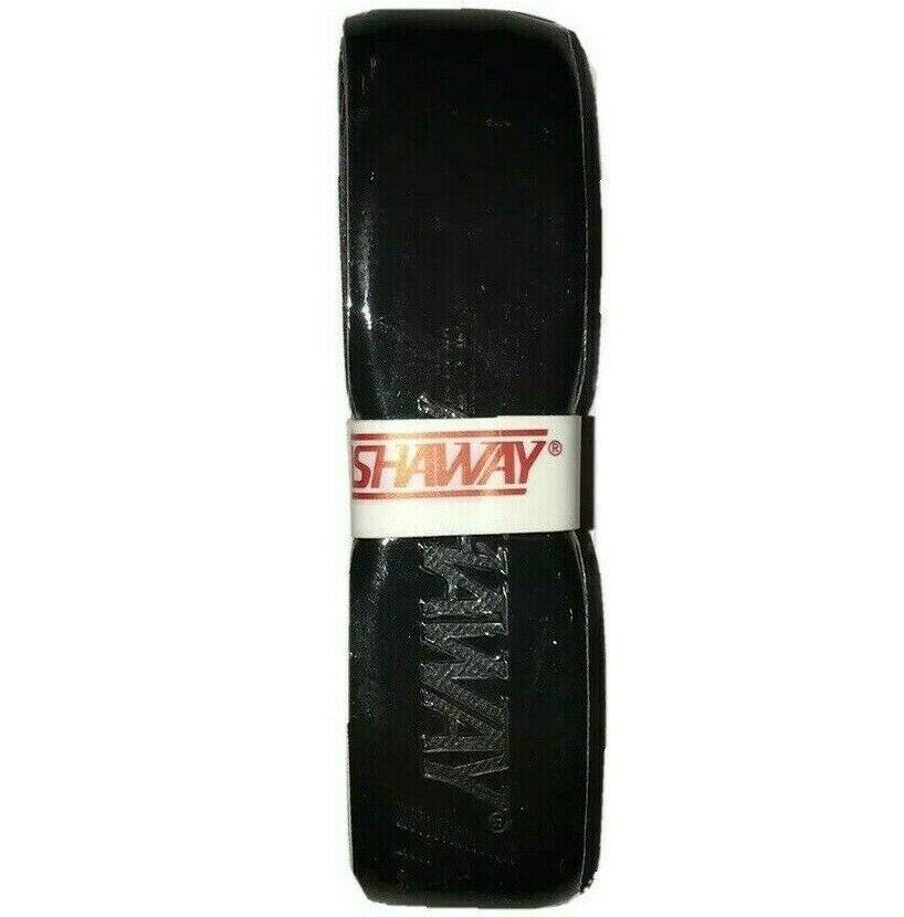 A tightly wound black Ashaway Super Grip Badminton Grip with a tacky polyurethane surface and a white band, displaying the brand name "Ashaway" in bold red text. The grip features visible text on its surface.