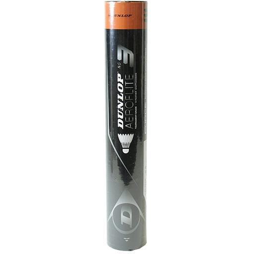 A cylindrical tube of Dunlop Aeroflite No.3 feather shuttlecocks with a black and orange design, showcasing a shuttlecock graphic alongside the iconic Dunlop brand logo.