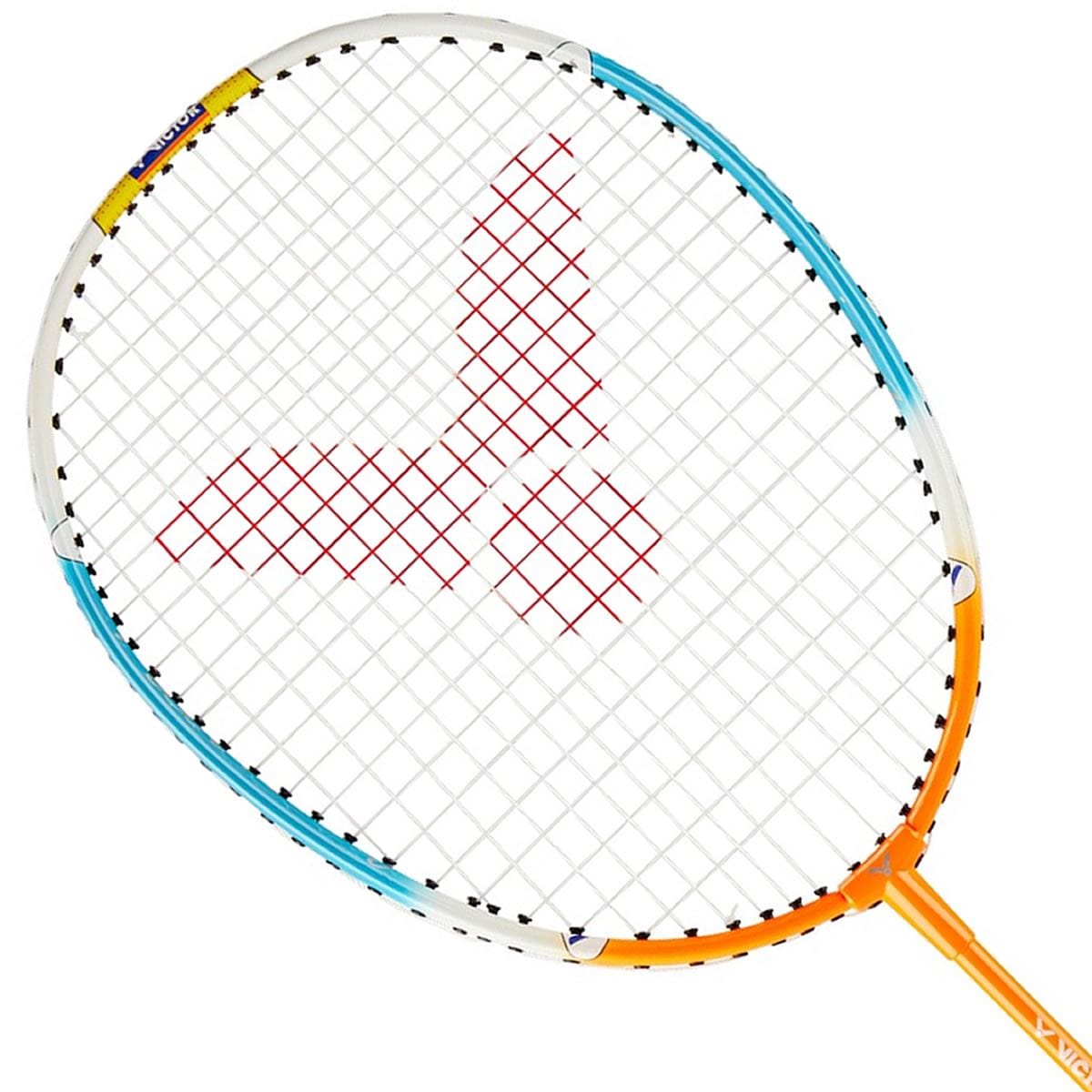 Introducing the Victor Training Junior Badminton Racket - Orange Blue, a short-shafted racket by Victor, showcasing a stylish blue and orange frame with a drop-shaped head and featuring a striking red logo pattern on its white Lawntex strings.