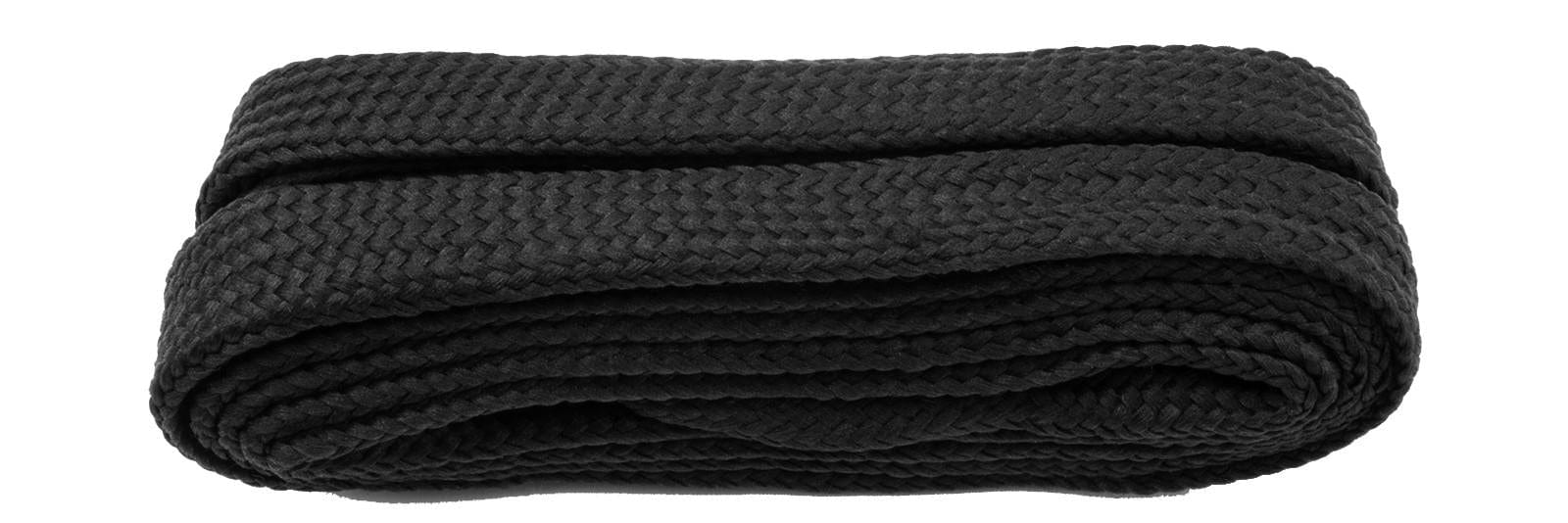 A neatly folded pair of black Shoestring Flat Block Badminton Shoe Laces lies against a white background. Featuring a woven pattern, they appear thick and durable, reminiscent of the sturdiness found in quality shoestring laces.