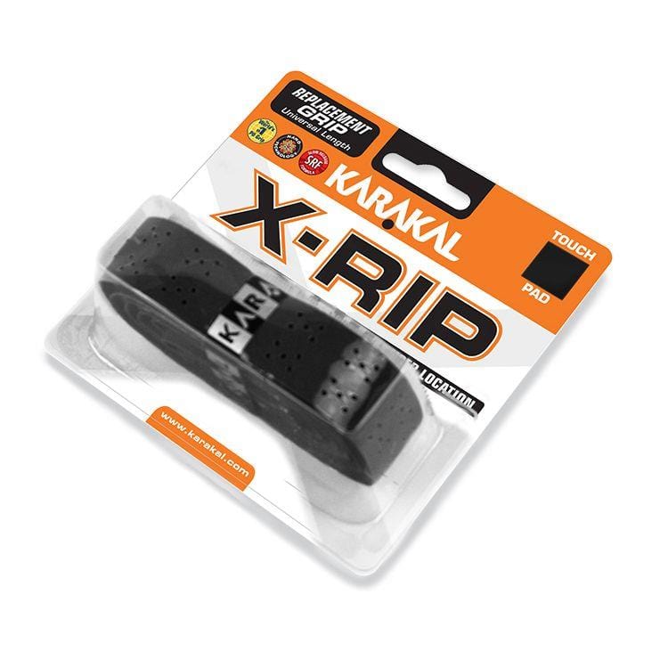 A package of Karakal X-RIP Replacement Badminton Grip - Black is displayed. The grip, offered by Karakal, features a perforated texture and comes in a transparent plastic case with an orange and white label.