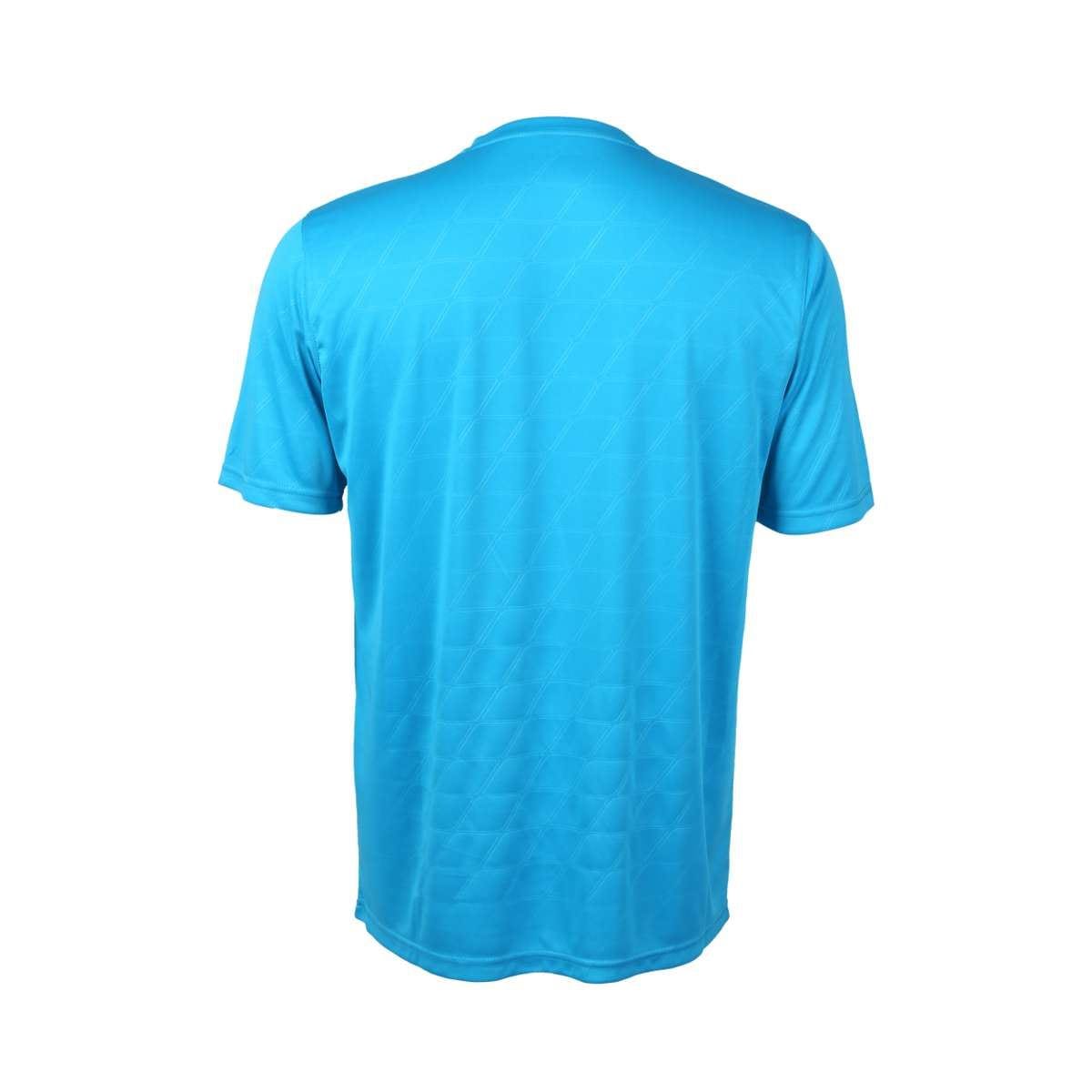 The FZ Forza Byron Blue Badminton T-Shirt, from the FZ Forza brand, features a sleek neckline and a delicate diamond pattern on the back of its short sleeves. It's made from lightweight material.