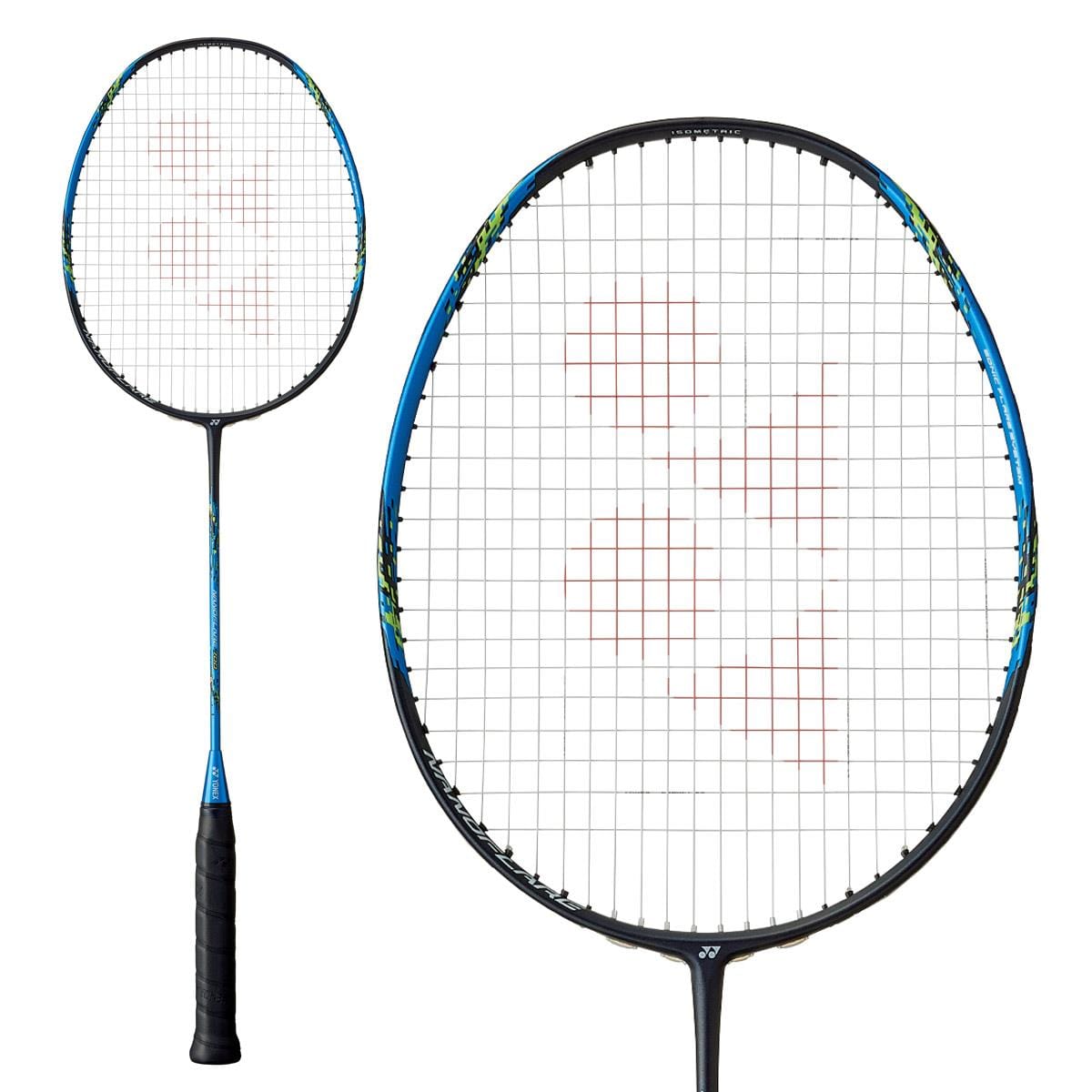 The Yonex Nanoflare 700 4U Badminton Racket in Cyan is ideal for advanced players, showcasing a stylish cyan and black design accompanied by white strings and a distinct patterned touch. Its handle is wrapped with black grip tape, providing precision for swift attacks on the court.