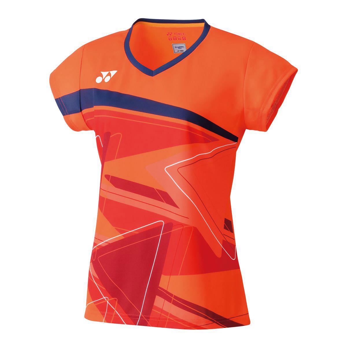 Introducing the Yonex 20521 Women's T-Shirt in Flash Orange! This vibrant shirt is designed for high performance, featuring a flattering V-neck and short sleeves. The abstract geometric patterns in red and dark blue adorn the chest and left shoulder, while a small logo accents the right shoulder for added style. Lightweight and chic, it's perfect for your badminton sessions.