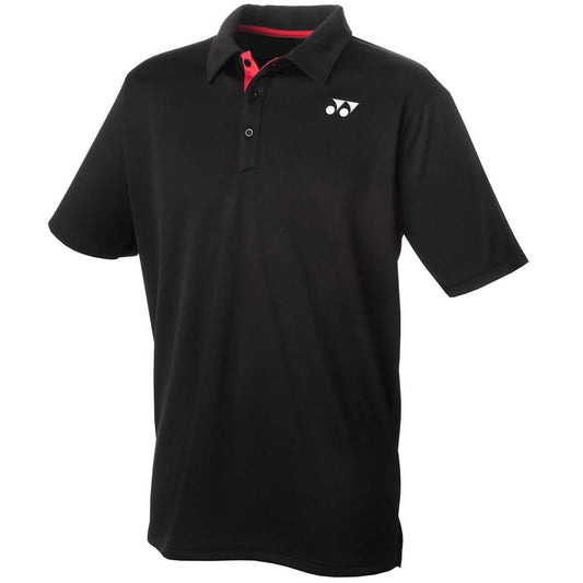 Introducing the Yonex YP1002EX Black Men's Badminton T-Shirt, a must-have for badminton enthusiasts. This shirt features a small white logo on the left chest and boasts a stylish black design. It comes with a three-button placket, red trim inside the collar, and short sleeves that offer a clean finish enhanced by Anti-Static technology for ultimate comfort during play.