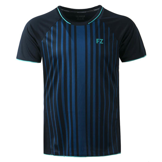 The FZ Forza Seolin Men's Badminton T-Shirt in Sapphire Blue features a modern design with blue vertical stripes on the front, complemented by short sleeves. Its thin teal-trimmed collar adds a touch of style, while the Dryforze technology ensures you stay cool and dry. The "FZ" logo is stylishly printed on the chest, making it an essential piece of clothing for badminton enthusiasts.