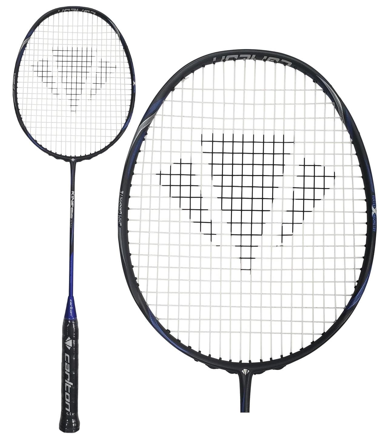 The Carlton Kinesis Ultra S-Lite Badminton Racket in black and blue features the Carlton logo on the stringed area. It boasts an Xtreme Tension Frame and is equipped with a black grip on the handle. The frame highlights Vortex Geometry, shown both in close-up views and across the entire racket.