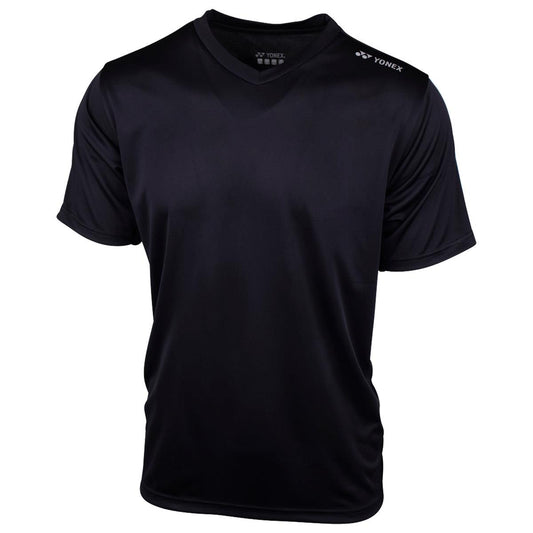 The Yonex YTM3 Mens Badminton T-Shirt - Black is a short-sleeve sports shirt featuring a V-neck design. The Yonex logo is prominently displayed on the left shoulder. Its smooth and lightweight fabric makes it ideal for training and other athletic activities.