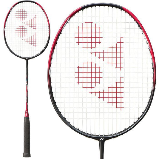 The Yonex Nanoflare 700 Badminton Racket - Red is tailored for advanced players, featuring a black grip and vibrant red frame. The string bed displays an eye-catching red geometric design. The image offers both a comprehensive view and a detailed close-up of the racket head.