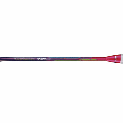 The Li-Ning Turbo Charging 70 Boost 3U Badminton Racket (Unstrung) boasts a vibrant design with aerodynamic efficiency, featuring a dark shaft and a bright pink grip. Its multicolored graphics and text enhance the racket's appearance, while the textured grip area ensures improved handling.