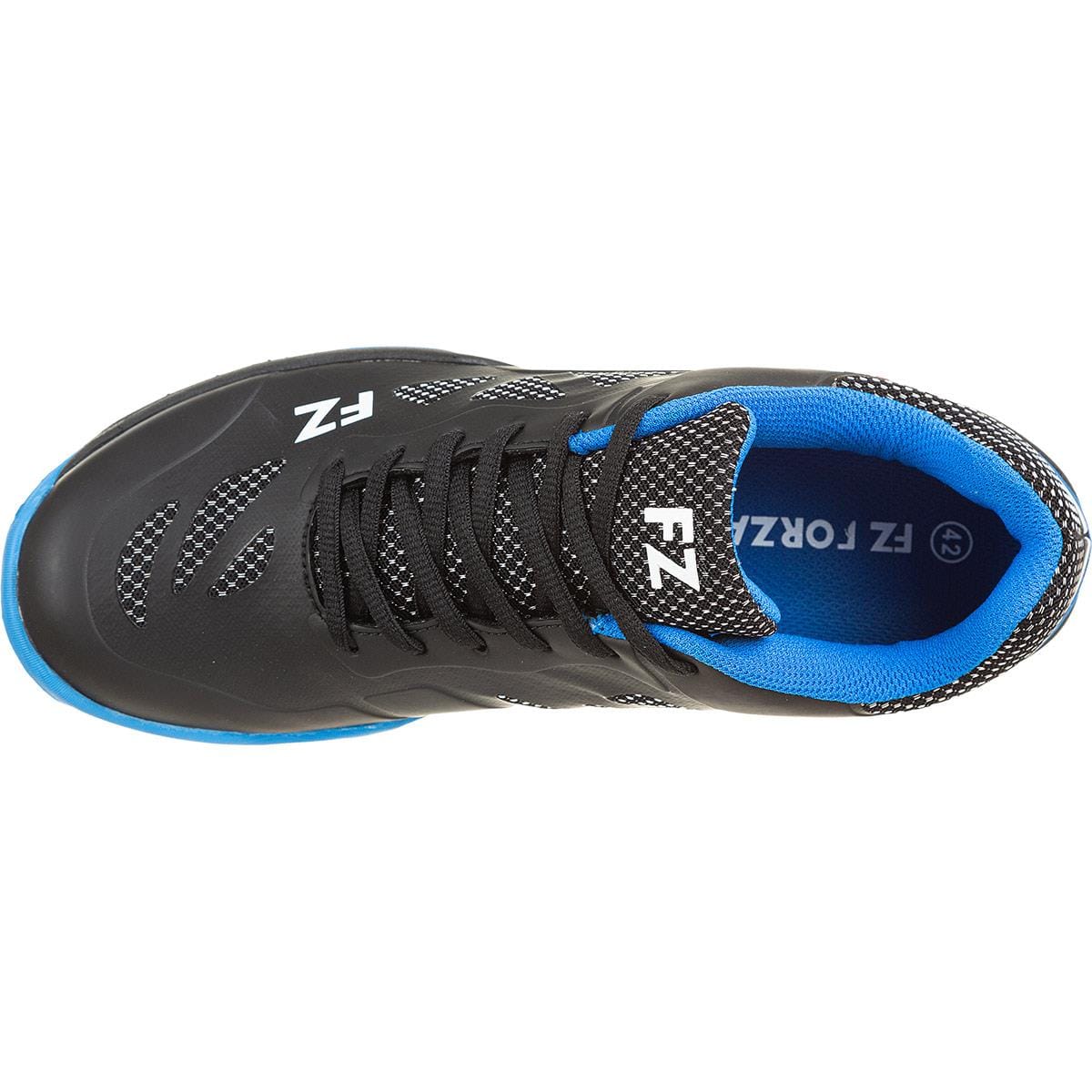 Top view of the FZ Forza Brace Men's Badminton Shoes in black and blue, showcasing a stylish design with a white logo on the tongue. These shoes offer excellent lateral support, featuring black laces, mesh detailing, and a textured sole, making them an ideal choice for badminton enthusiasts seeking stability.