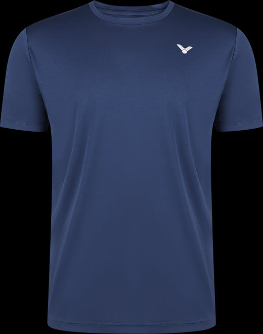 The Victor Unisex Badminton T-Shirt T-13102 B in blue, featuring a subtle white logo on the upper left side, is showcased against a black background.