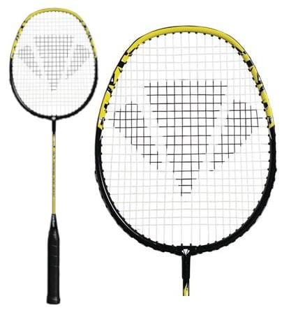 Image of the Carlton Aeroblade 3000 Badminton Racket by Carlton, featuring a black handle and yellow frame, perfect for beginner players. The racket's string bed showcases a unique design, with an enlarged view of the racket's head displayed on the right side.