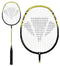 Image of the Carlton Aeroblade 3000 Badminton Racket by Carlton, featuring a black handle and yellow frame, perfect for beginner players. The racket's string bed showcases a unique design, with an enlarged view of the racket's head displayed on the right side.