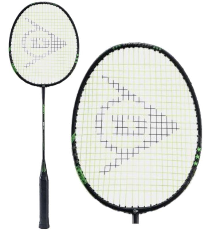 The Dunlop Nitro Star SSI 1.0 Badminton Racket - Black / Green, designed for beginners, features a durable full steel construction with a black frame accented by green and white strings displaying a graphic design. The handle is wrapped in black grip tape for added comfort.