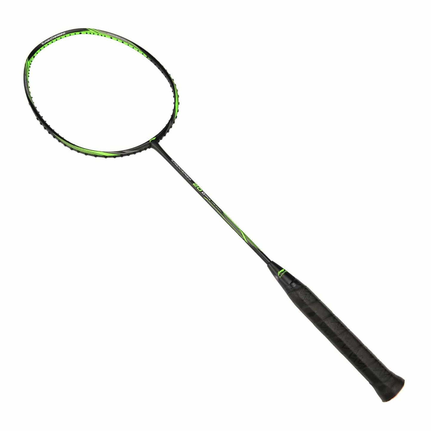 The Li-Ning Turbo Charging 20 Drive Badminton Racket in black and green is showcased against a white background, complete with a black grip on the handle. It features the Dynamic-Optimum Frame design, which improves playability and precision.