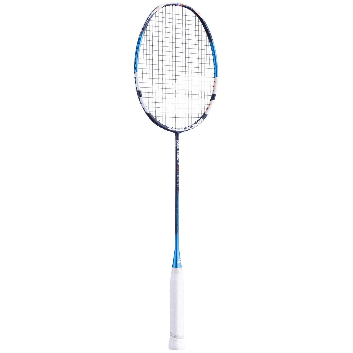 The Babolat Satelite Gravity 74 Badminton Racket in blue and white highlights a sleek design, featuring a black string net and a comfortable white grip, ideal for defensive players. It is displayed upright against a plain white background.