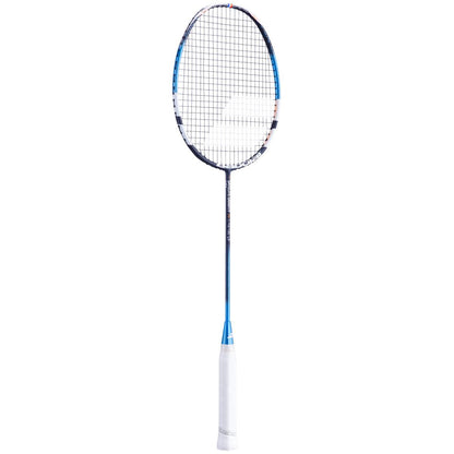 The Babolat Satelite Gravity 74 Badminton Racket in blue and white highlights a sleek design, featuring a black string net and a comfortable white grip, ideal for defensive players. It is displayed upright against a plain white background.