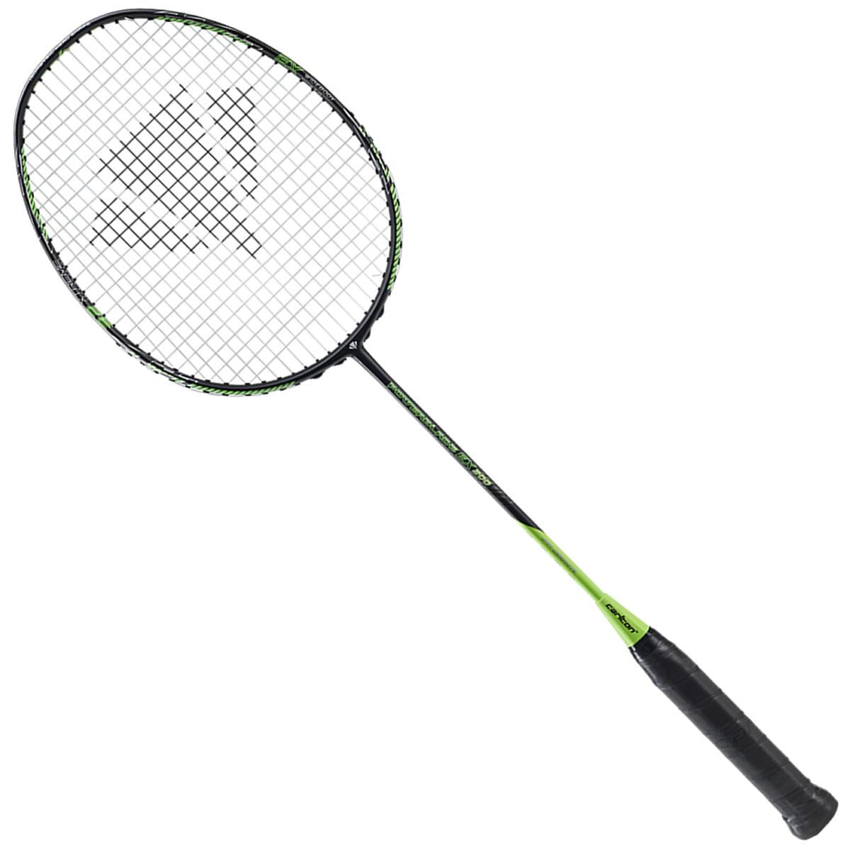 The Carlton Powerblade EX200 Badminton Racket, designed by Carlton, is crafted from Japanese Graphite and features a black and green color scheme. It includes a mesh string pattern and a black grip. Its oval head showcases a crisscross design for improved control and power, while the predominantly black shaft is enhanced with vibrant green details.