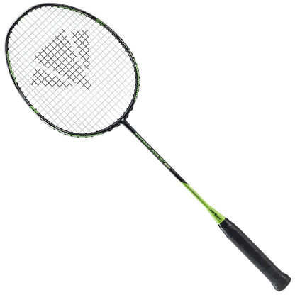 The Carlton Powerblade EX200 Badminton Racket, designed by Carlton, is crafted from Japanese Graphite and features a black and green color scheme. It includes a mesh string pattern and a black grip. Its oval head showcases a crisscross design for improved control and power, while the predominantly black shaft is enhanced with vibrant green details.