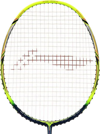 Close-up image of the Li-Ning Aeronaut 9000 Drive Badminton Racket, featuring a yellow and black frame with red strings. The slightly oval, aerodynamic design enhances precision and control, while the strings maintain a simple pattern.