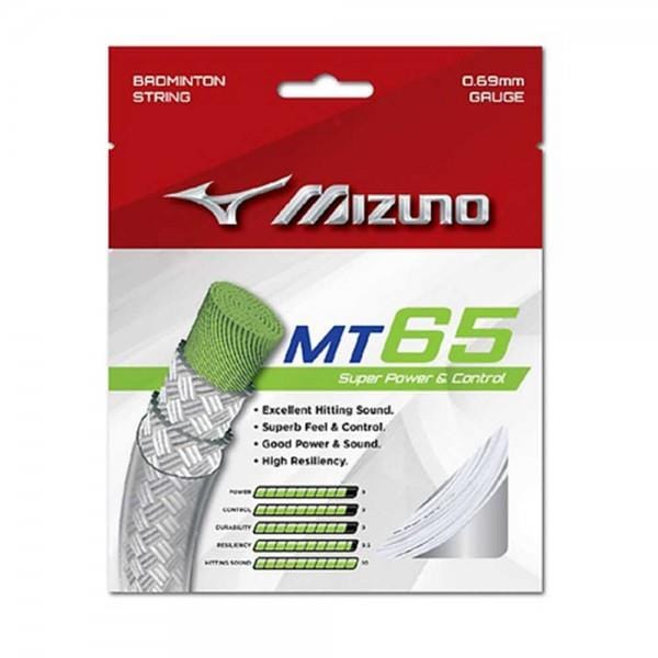 The Mizuno MT 65 badminton string packaging prominently displays the Mizuno brand logo and emphasizes its 0.69mm control string in a sleek red and gray design. Key features include excellent hitting sound, superb feel, and power, all enhanced by a nanofiber coating for high resiliency.