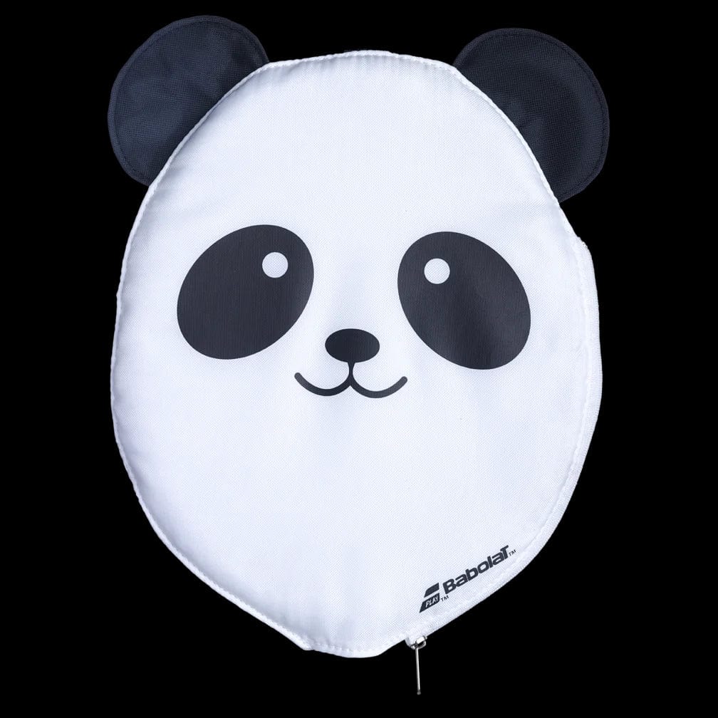 The Babolat Badminton Racket Head Cover - Panda by Babolat is an oval-shaped cover adorned with a charming panda face design. It showcases large black eyes, small ears, and a simple smile, with the Babolat logo featured at the bottom. The cover offers racket protection with its synthetic fur lining against a sleek black background.