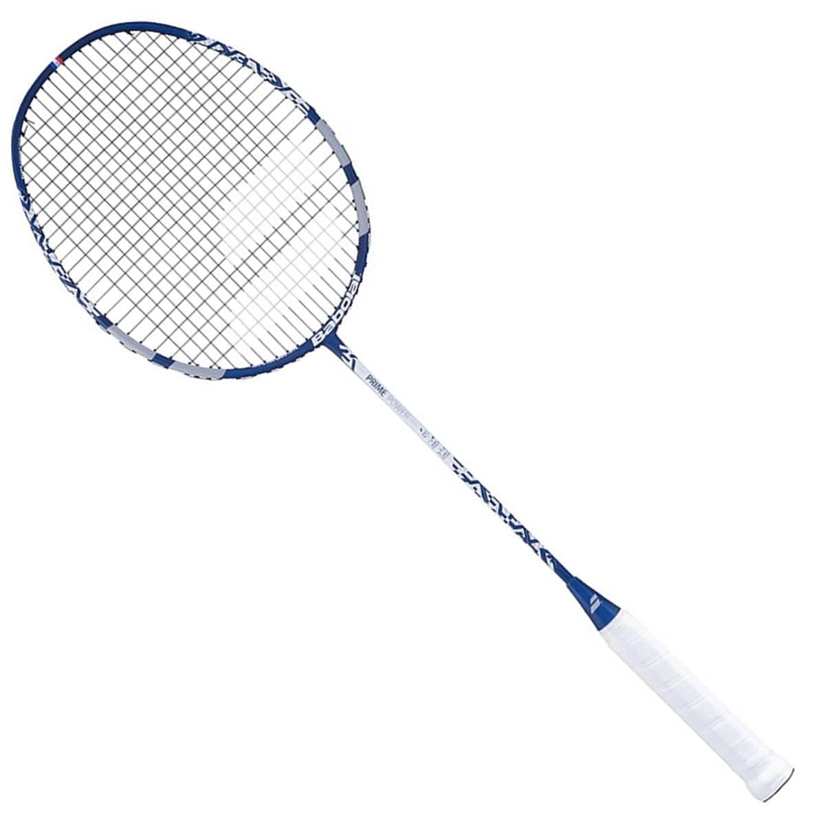 The Babolat Prime Power Badminton Racket - Grey Blue boasts a sleek grey and blue frame, complemented by black strings and a white grip handle. Its powerful design stands out against a plain white background, emphasizing its adaptable performance on the court.