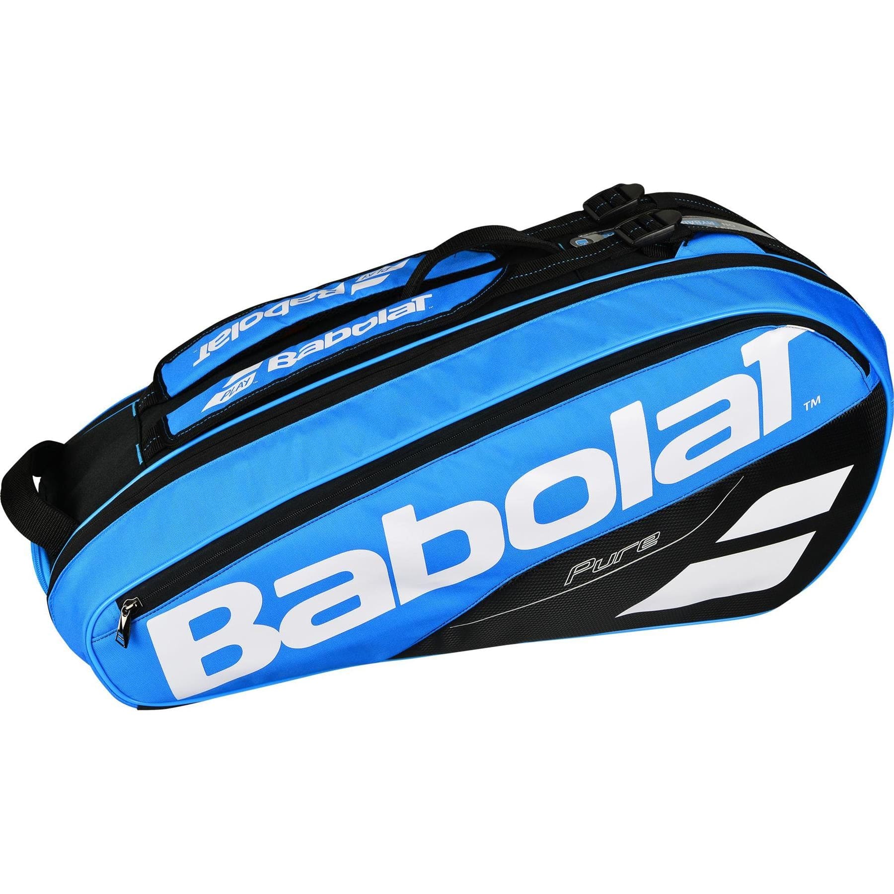 The Babolat Pure Drive Badminton Racket Bag x6 in blue and black, embellished with white lettering, includes an insulated Thermoguard compartment designed to safeguard your valuables. It offers multiple compartments, zippers, and a convenient carrying handle, with the word "Pure" prominently displayed on the side.