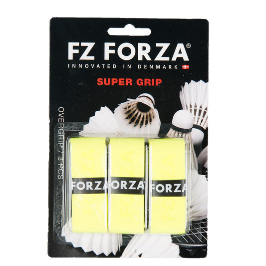 The FZ Forza Super Grip Badminton Grip - 3 Pack in yellow, from FZ Forza, provides badminton enthusiasts with an improved racket feel and durability. The package includes three grips and showcases shuttlecock imagery along with the text "Innovated in Denmark.