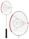 The Dunlop Aero Star Lite Badminton Racket - White is displayed in two different angles against a white background. This Japanese carbon racket showcases a white frame with red accents, a black grip, and features head-light flexibility. The Dunlop brand logo is prominently visible on the strings.